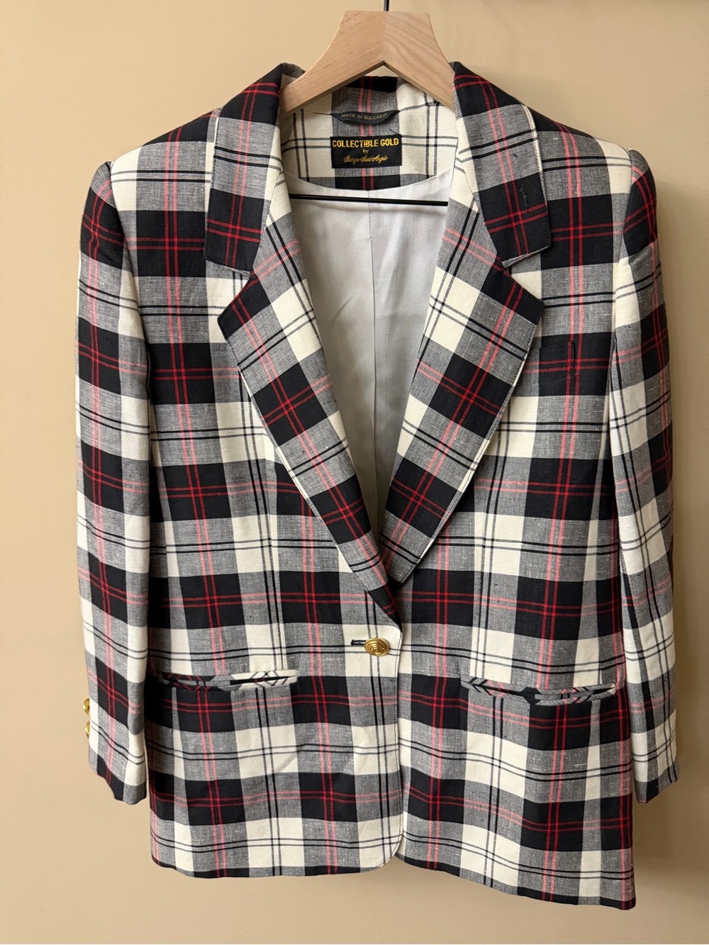 Vintage Linen Blend Giorgio Sant’Angelo Plaid Blazer Collectible Gold Size 6